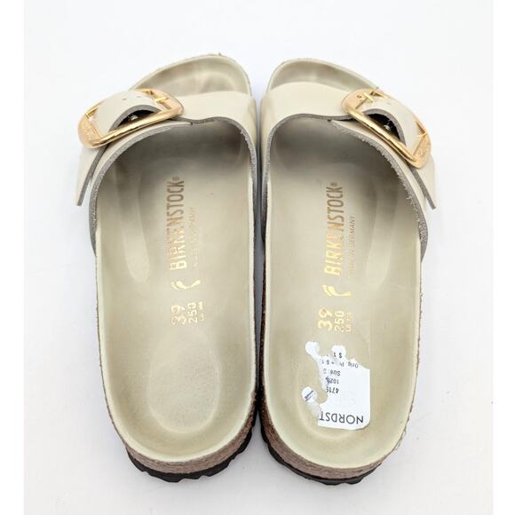 Birkenstock Madrid Big Buckle Natural Leather Patent High Shine Sandals USW8/M6 - Picture 11 of 13